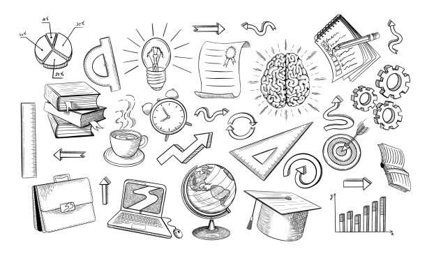 03_UnicornSet [Converted] [Recovered] Online education doodles set. Hand drawn distan learning objects in sketchy vintage style. Vector illustration. learning drawings stock illustrations