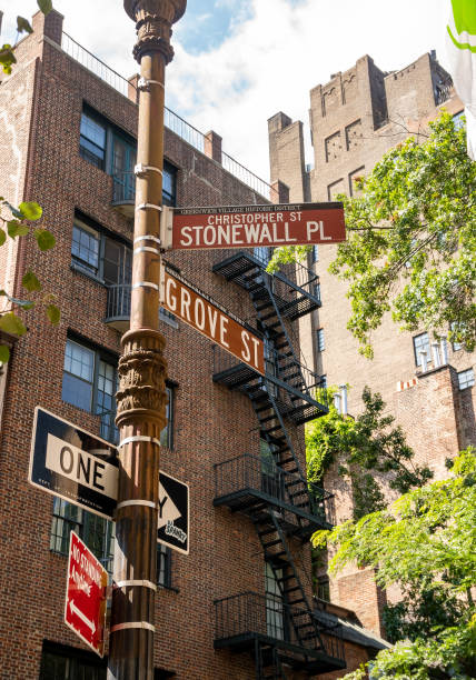 A street sign for Christopher Street; in the West Village neighborhood of Manhattan. Famous for the Stonewall Inn and the beginning of Gay Rights Movement. New York, NY - USA - July 30, 2021: A street sign for Christopher Street; in the West Village neighborhood of Manhattan. Famous for the Stonewall Inn and the beginning of Gay Rights Movement. logan west stock pictures, royalty-free photos & images
