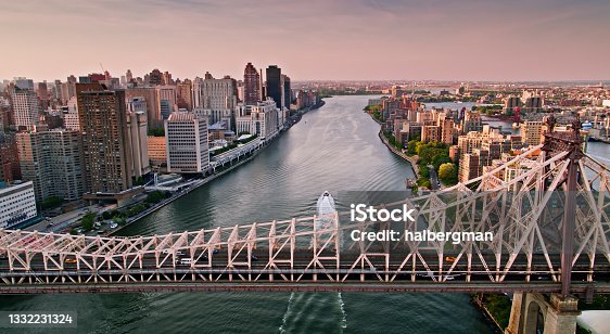 istock Drone Shot of the East River and Queensboro Bridge at Sunset 1332231324