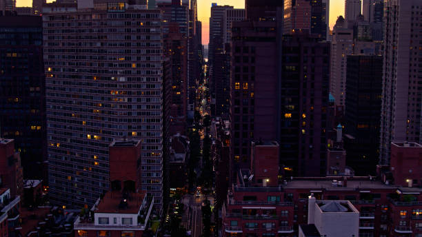 istock Drone Shot of Manhattan at Dusk Looking Down 56th St 1332231359