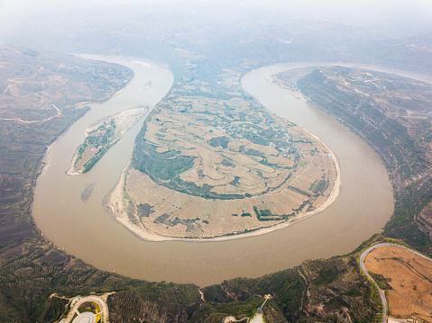 Aerial view of the band of the Yellow river (River Huanghe )in Shaanxi Province, China