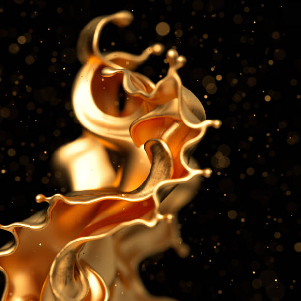 Elegant, luxury splash of gold liquid. 3d illustration, 3d rendering. stock photo