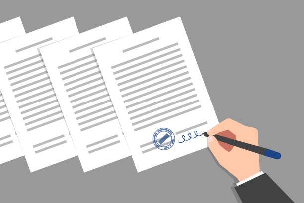 Stack of documents and hand of person signing them Stack of documents and hand of person wearing business suit, signing and stamping them. Concept of signing of new acts, decrees, agreements, political, legal or business relationships warranty paper stock illustrations