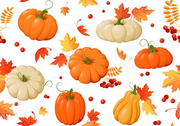 ilustraciones, imágenes clip art, dibujos animados e iconos de stock de fondo de otoño con calabazas y hojas de otoño. ilustración vectorial - calabaza no comestible ilustraciones