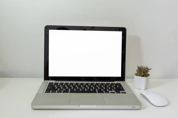 istock computer laptop mock up and mouse Cactus white blank screen on table. Used to advertise text on the computer screen. 1332246432