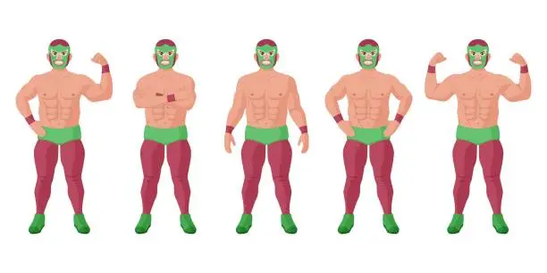 Vector illustration of Strong lucha libre mexican wrestler in different pose set