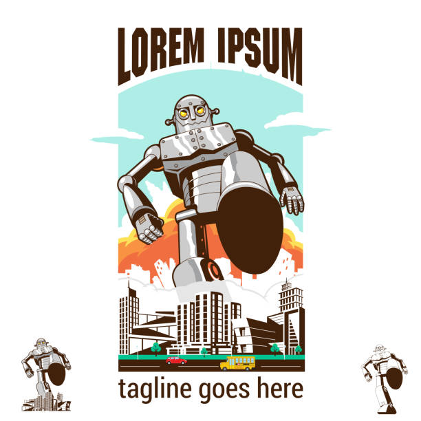 Bad Robot stomping on city asset retro style vector illustration for poster, t-shirt print, logo, design element or any other purpose.