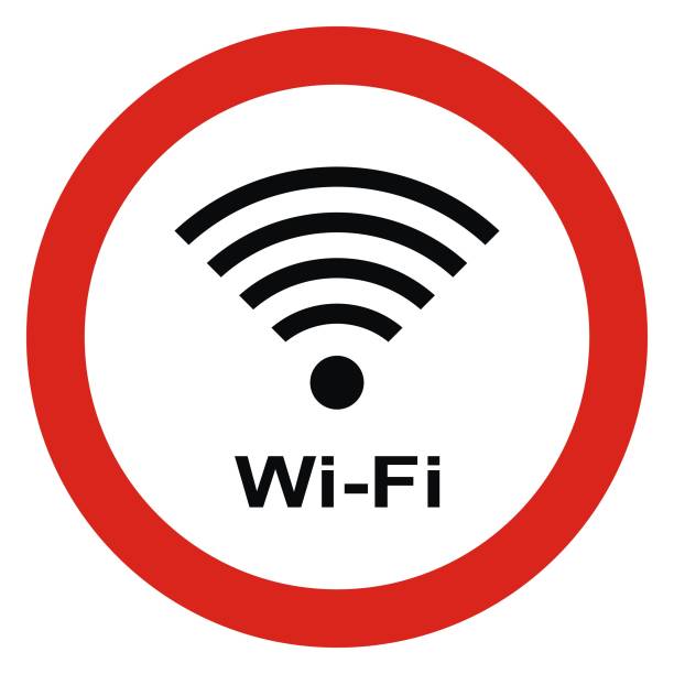No wifi signal, red circle frame, eps. No wifi signal. WI-FI is prohibited. Stop or ban red round sign with WI-FI icon. Vector illustration. Forbidden sign. access point router stock illustrations