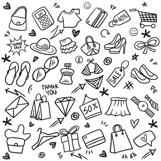 set von shopping doodle sketch - shopping bag illustrations stock-grafiken, -clipart, -cartoons und -symbole