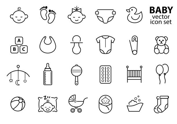 baby, neugeborenes, kind, kindheit vektor-icon-set. - flatware silverware in a row eating utensil stock-grafiken, -clipart, -cartoons und -symbole