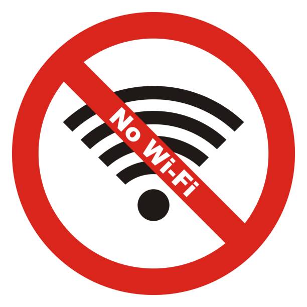 No wifi signal, red circle frame, eps. No wifi signal. WI-FI is prohibited. Stop or ban red round sign with WI-FI icon. Vector illustration. Forbidden sign. access point router stock illustrations