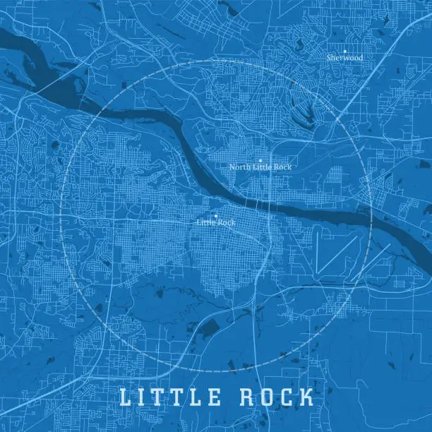 Vector illustration of Little Rock AR City Vector Road Map Blue Text