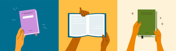 Set of vector illustration with human hands holding open or closed books Vector illustrations set of human hands holding open or closed books. Back to school, education, literacy day. Book club member. Poetry lover. Time to reading. Bookstore, library. Morning pages, diary history illustrations stock illustrations