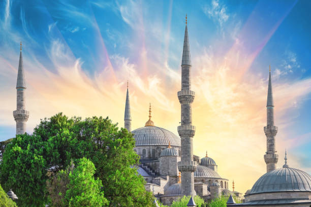istock Sultan Ahmed or Blue Mosque on the background of bright sun rays 1332262817