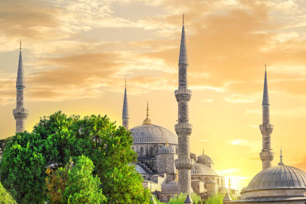 istock Sultanahmet mosque or blue mosque at sunset with yellow sky 1332262819