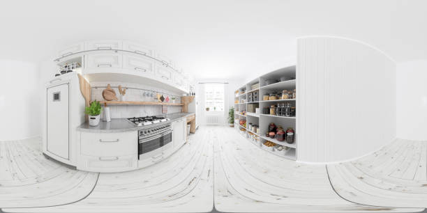 360 equirectangular interior panorámico de cocina moderna con gabinetes blancos y artículos organizados despensa, alimentos no perecederos, frutas y verduras en el compartimiento de almacenamiento - 360 fotografías e imágenes de stock