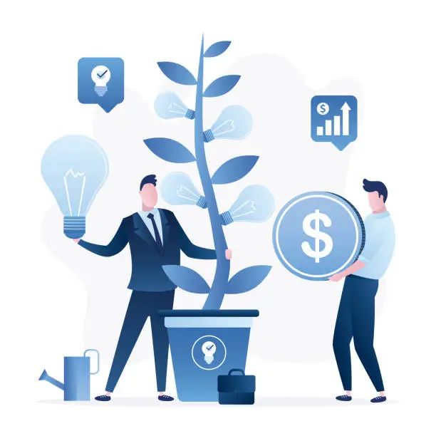 Vector illustration of Businessman with lighbulb stands near ideas tree. Development of new startups and innovations. Brainstorming, business incubator.