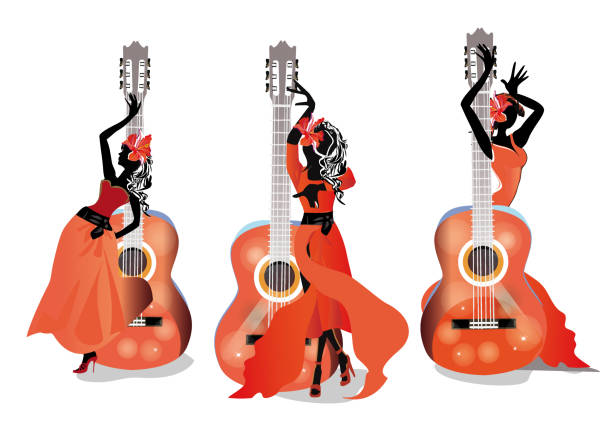 musikalische gestaltung mit gitarre mit tanzender frau in rot. - guitar illustration and painting abstract pattern stock-grafiken, -clipart, -cartoons und -symbole