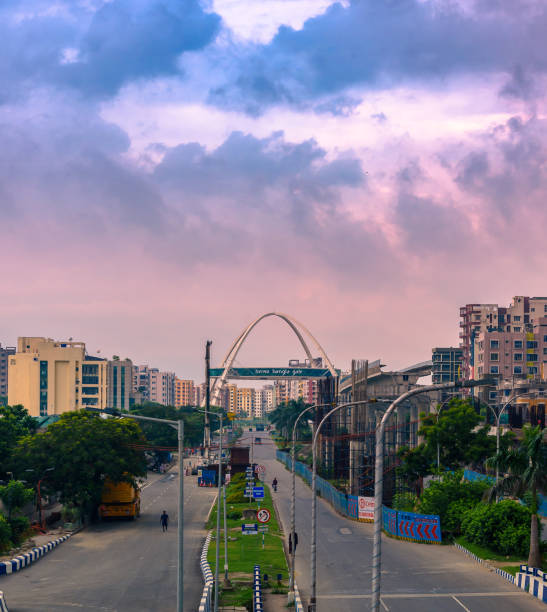 BISWA BANGLA GATE. Kolkata, India, July 18,2021: Portrait view of Cityscape overlooking BISWA BANGLA or KOLKATA GATE at Newtown. Selective Focus is used. newtown stock pictures, royalty-free photos & images