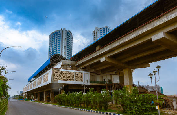 Under construction Metro rail Station . Kolkata, India, July 18,2021: Landscape view of Under construction Metro rail Station with Highrise Building. Selective Focus is used. newtown stock pictures, royalty-free photos & images