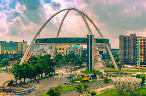 .Biswa Bangla Gate Kolkata, India, July 18,2021: Aerial View of Famous BISWA BANGLA or KOLKATA GATE with highrise buildings. Selective Focus is used. newtown stock pictures, royalty-free photos & images