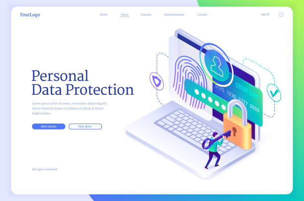 Personal data protection isometric landing page Personal data protection isometric landing page. Internet data cyber privacy, social networks confidential information protect. Tiny person opening huge lock at laptop screen, 3d vector web banner crime illustrations stock illustrations