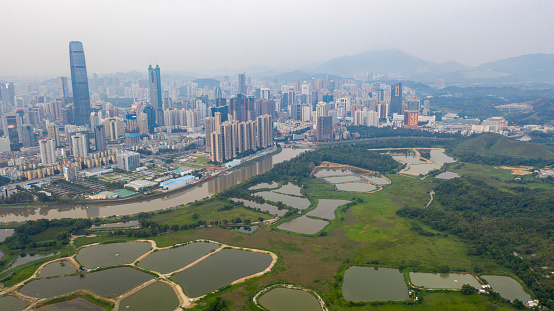 Aerial view of Ma Tso Lung  in Hong Kong,Far away is Shenzhen China area.