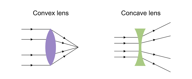 Vector illustration of convex and concave which converge and diverge lights, respectively.