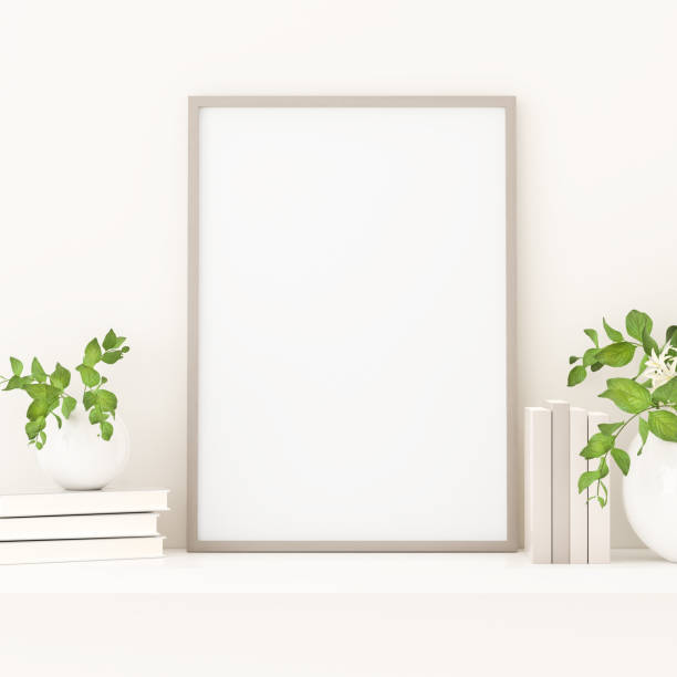 istock Empty picture frame mockup on a shelf with books and plants. 1332269677