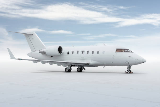 istock Modern white business jet isolated on light background with sky 1332272504
