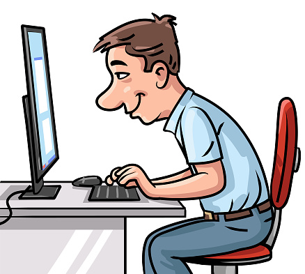 Vector illustration of a young smiling man working at his computer, isolated on white.