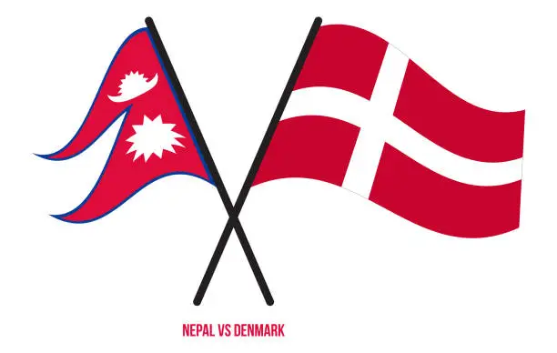 Vector illustration of Nepal and Denmark Flags Crossed And Waving Flat Style. Official Proportion. Correct Colors.