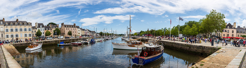 Vannes, France - July 27nd, 2021: Leisure boats moored in canal of the port