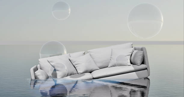 isolation, die flut mit weißem sofa und transparenten blasen, covid-19-isolation. - 2841 stock-fotos und bilder