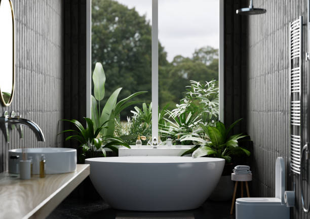 istock Modern Bathroom interior design on dark color wall. 1332275405