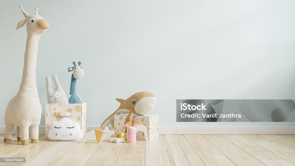 Mockup blue wall in the children's room. Mockup blue wall in the children's room.3D Rendering Nursery - Bedroom Stock Photo