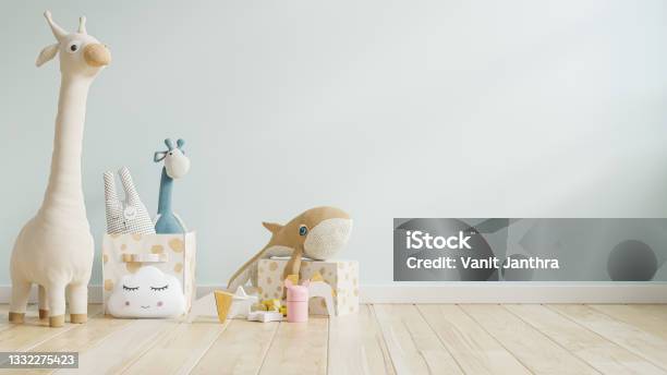 Mockup Blue Wall In The Childrens Room Stock Photo - Download Image Now - Nursery - Bedroom, Playroom, Backgrounds