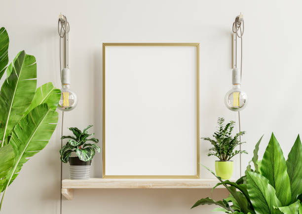 istock Interior poster mockup with vertical wooden frame in home interior background. 1332275448