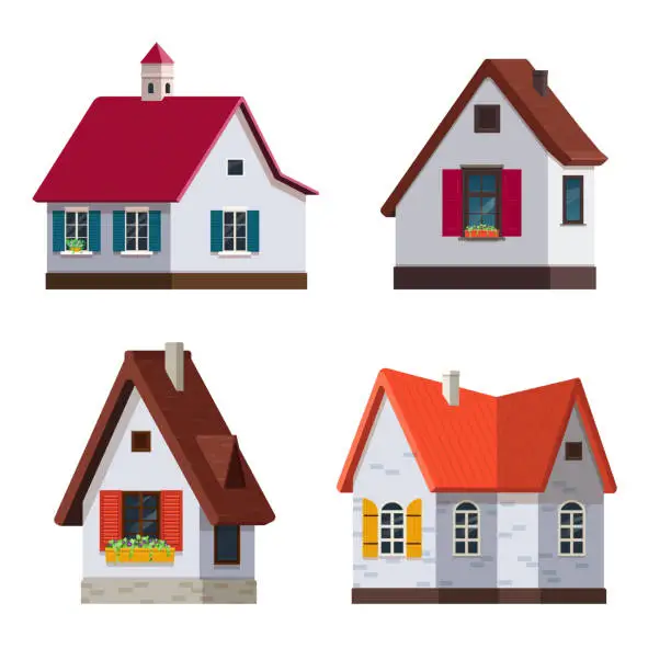 Vector illustration of Set of cozy cottages in flat style