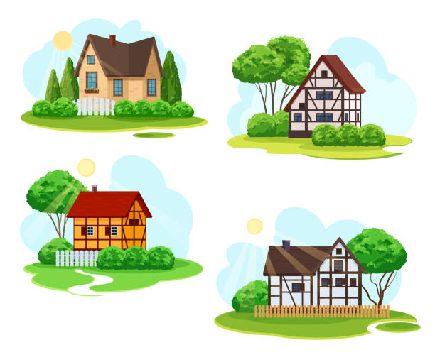 Four summer rural landscapes with rustic architecture Four rural landscapes with rustic architecture. Cozy village houses with a front garden, trees on the lawn. Vector illustration on white background. timber framed stock illustrations