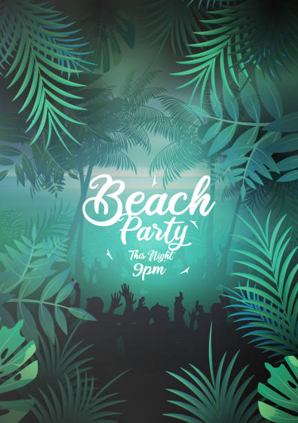 illustrations, cliparts, dessins animés et icônes de affiche de fête de plage d’été avec plage tropicale le soir - tropical music