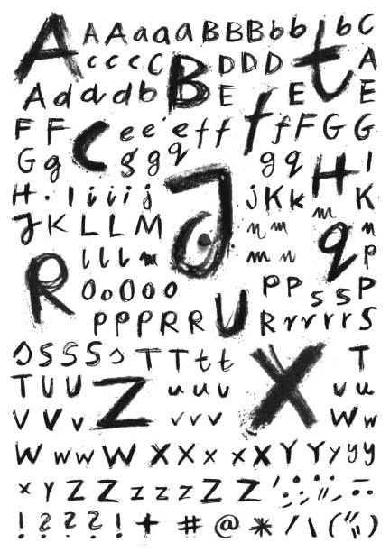 illustrations, cliparts, dessins animés et icônes de dirty letters - feuille de papier blanche remplie d’un alphabet et de signes étroitement dessinés à la main par un crayon au charbon noir - illustration vectorielle avec un modèle de conception personnalisé - griffonnages à effet texturé et avec d - doodle alphabet text drawing