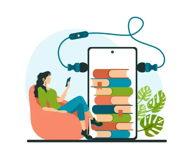 Vector illustration of Reading and listening to online books. Woman with headphones is listened to new novel