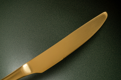 Close-up of golden metal knife on green ceramic plate with copy space.\nShot with a 35-mm full-frame 61MP Sony A7R IV with FE 90mm F2.8 Macro-lens.