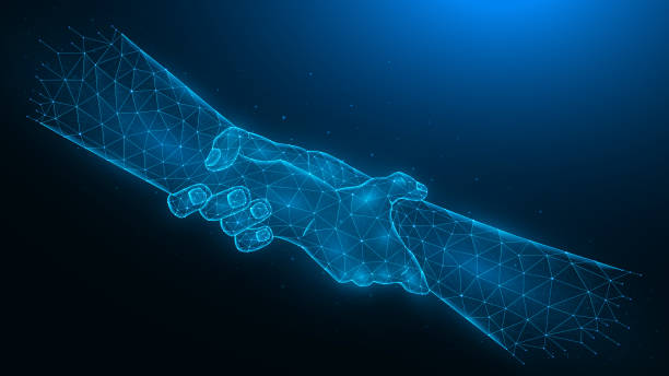 istock Helping hand low poly art. Polygonal vector illustration of human hands holding each other on a dark blue background. Concept of salvation. 1332280250
