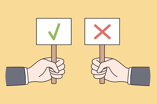Correct and incorrect signs concept. Hands of people holding signs with green mark approval and red denying symbol over yellow background vector illustration
