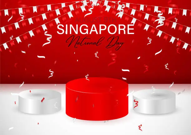 Vector illustration of Happy Singapore Day with three podiums and flag confetti  for sales promotion, vector background