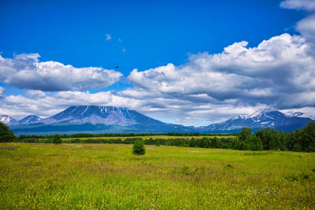 paysage du kamtchatka d’été avec des volcans en arrière-plan - national grassland photos et images de collection