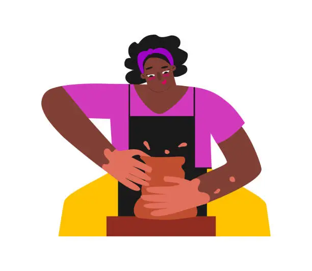 Vector illustration of Vector flat illustration with adult African American woman working at pottery wheel. Happy student learns to make cute ceramic pot. Close up portrait of master in art session. Creative hobby