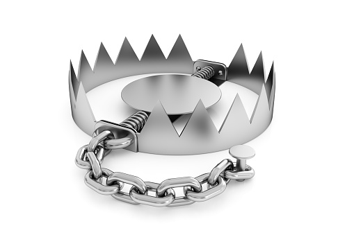 Empty stainless steel bear trap isolated on white background. 3d illustration.